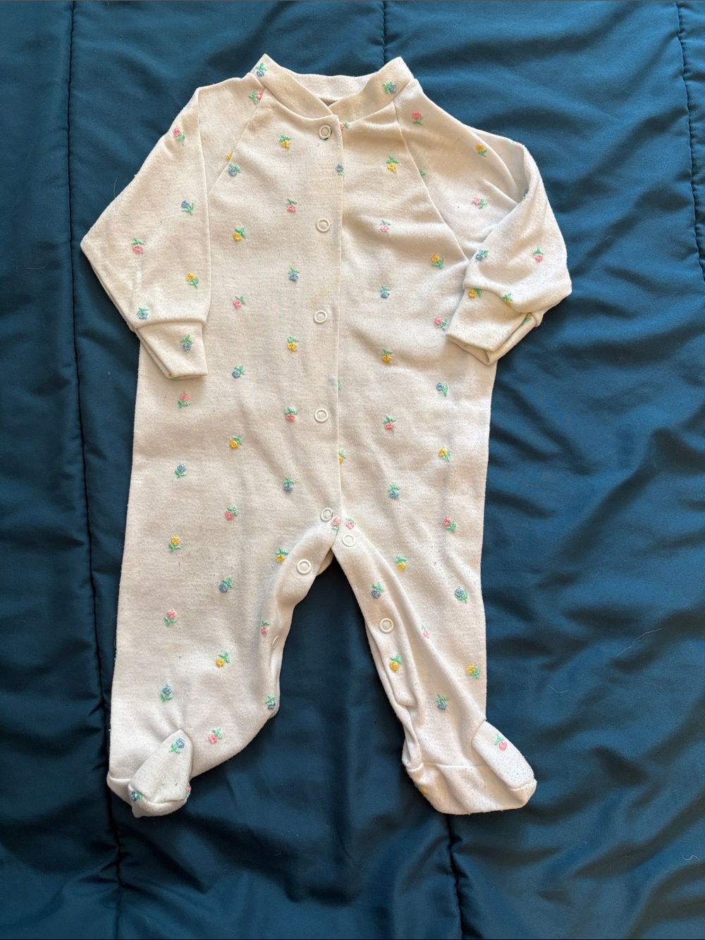 1980s Vintage Cream Footed One-Piece with Pastel Floral Embroidery